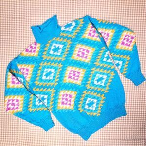 Vintage Obermeyer Jaynee Granny Square Geometric Rolled Turtleneck Wool Sweater